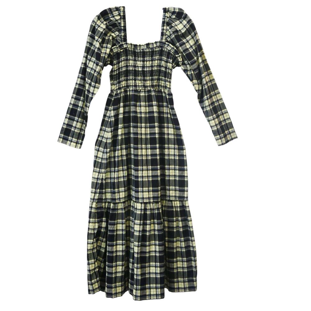 Ganni Elfin Yellow Seersucker Smocked Plaid Maxi Dress Size 34 Approx US 2